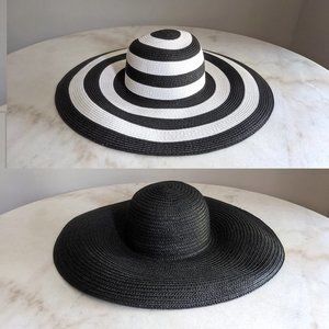 2 Wide Brim Straw Hat - Black White Stipe & Classic Black